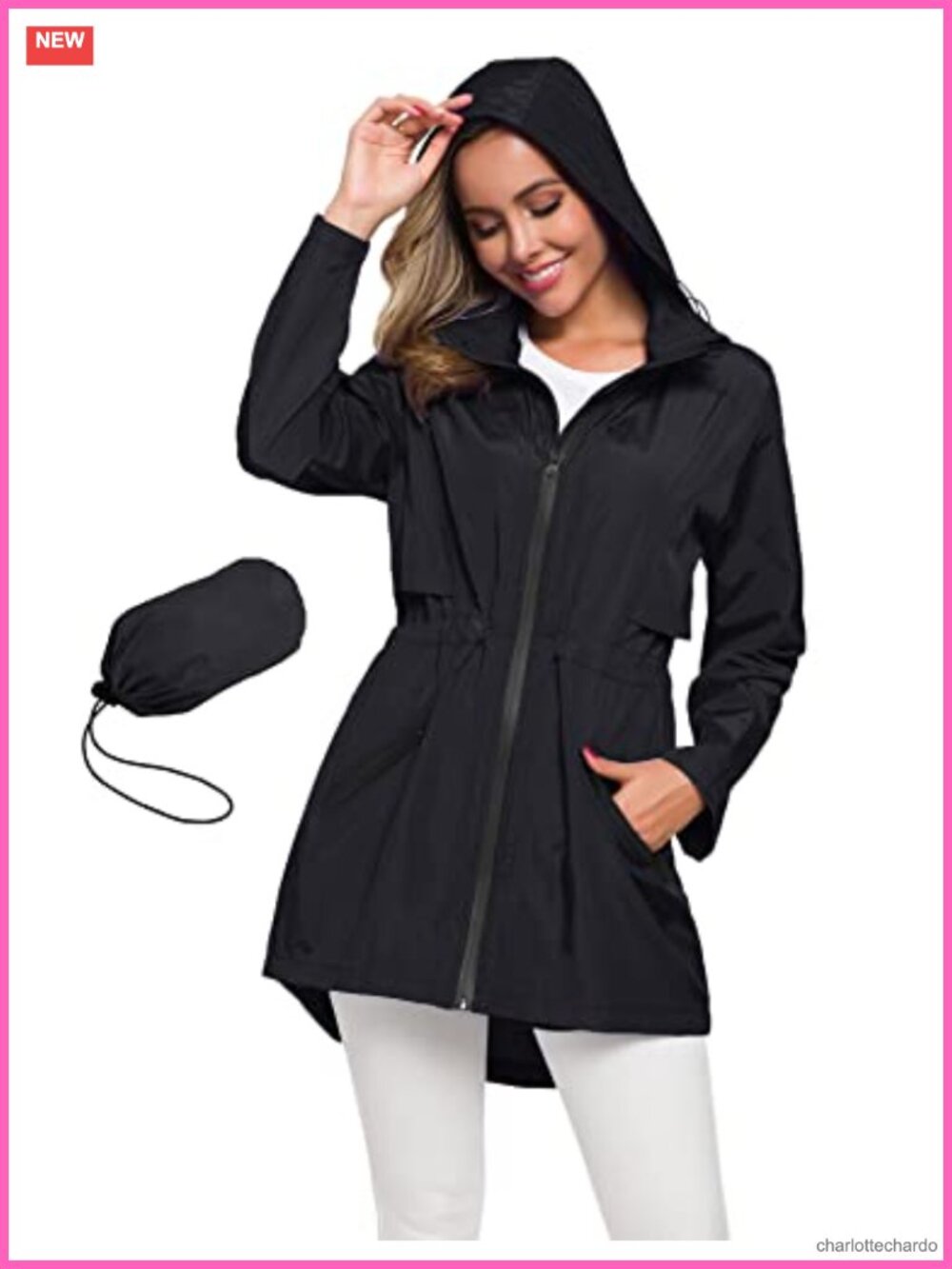 Waterproof Polyester Long Raincoat with Hood, Drawstring Waist